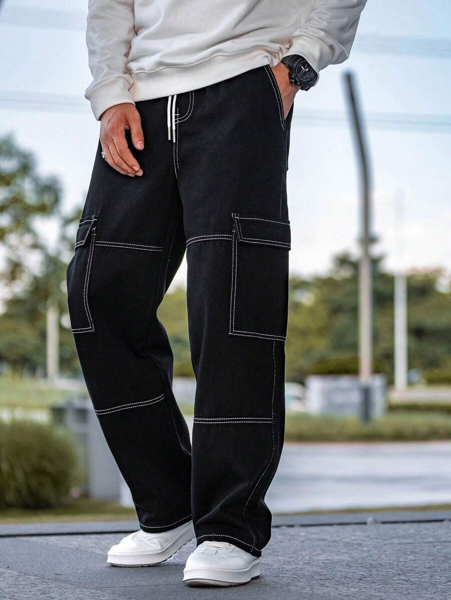Pantalon cargo coupe ample avec cordon de serrage à la taille pour homme