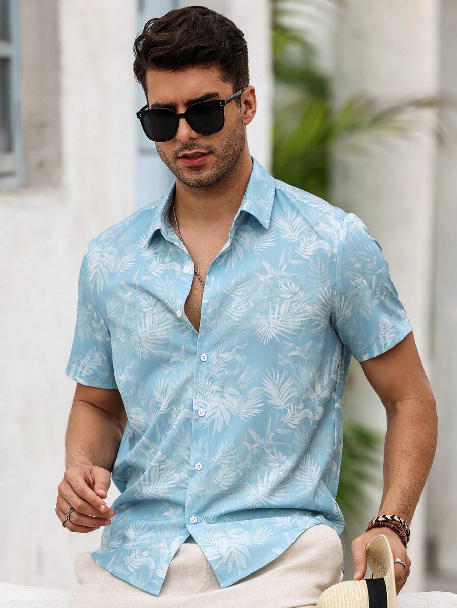 Chemise boutonnée décontractée à manches courtes et col imprimé graphique tropical