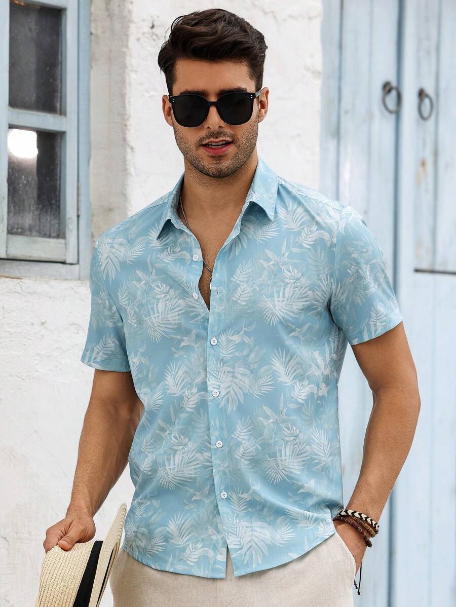 Chemise boutonnée décontractée à manches courtes et col imprimé graphique tropical