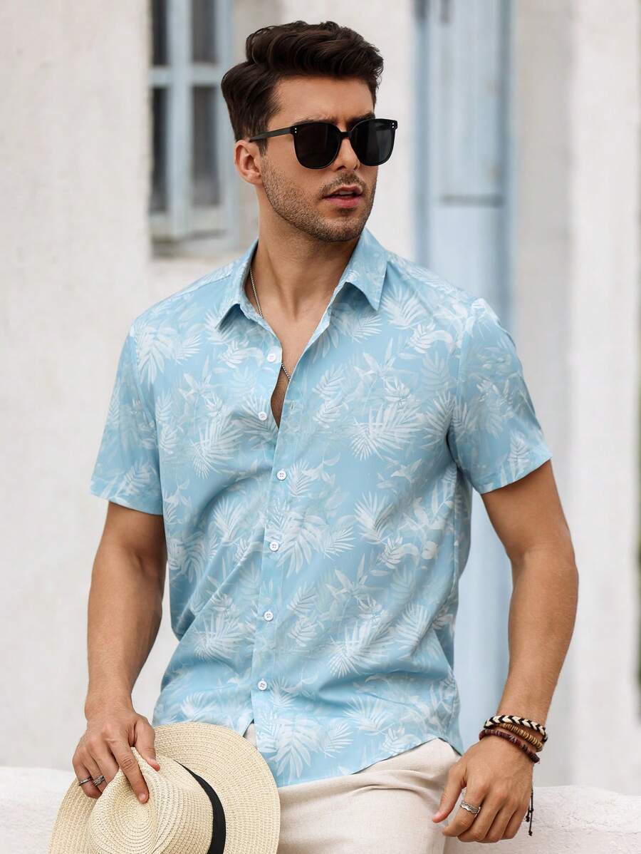 Chemise boutonnée décontractée à manches courtes et col imprimé graphique tropical