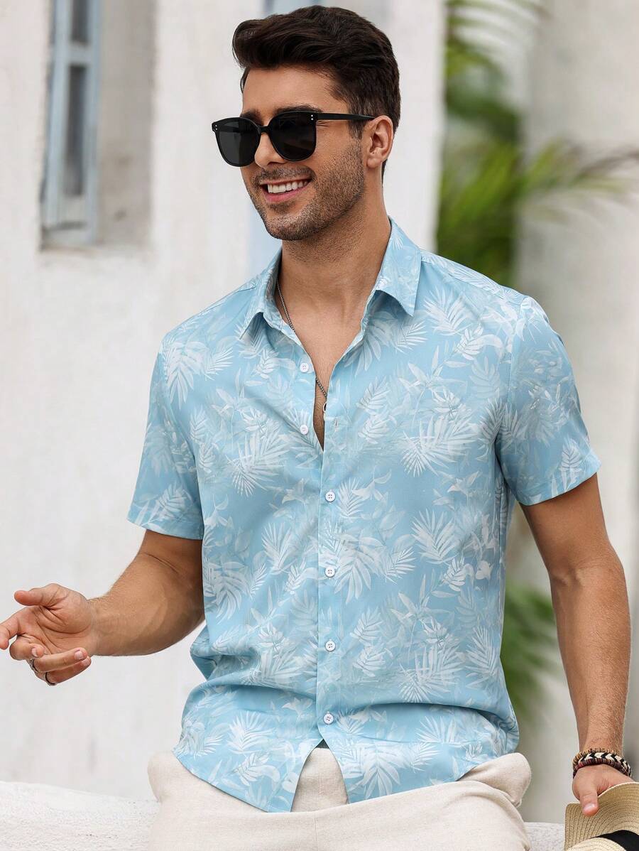 Chemise boutonnée décontractée à manches courtes et col imprimé graphique tropical