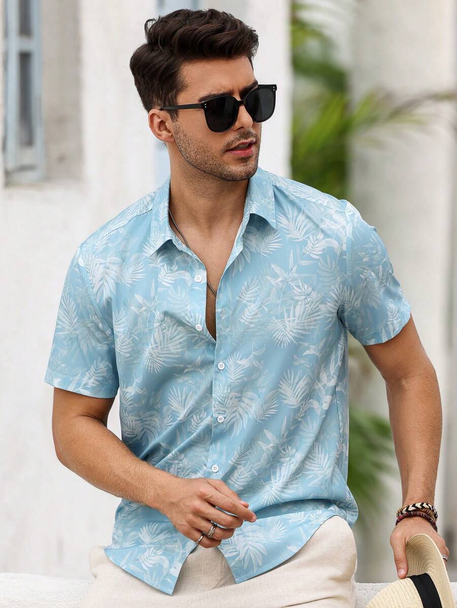 Chemise boutonnée décontractée à manches courtes et col imprimé graphique tropical
