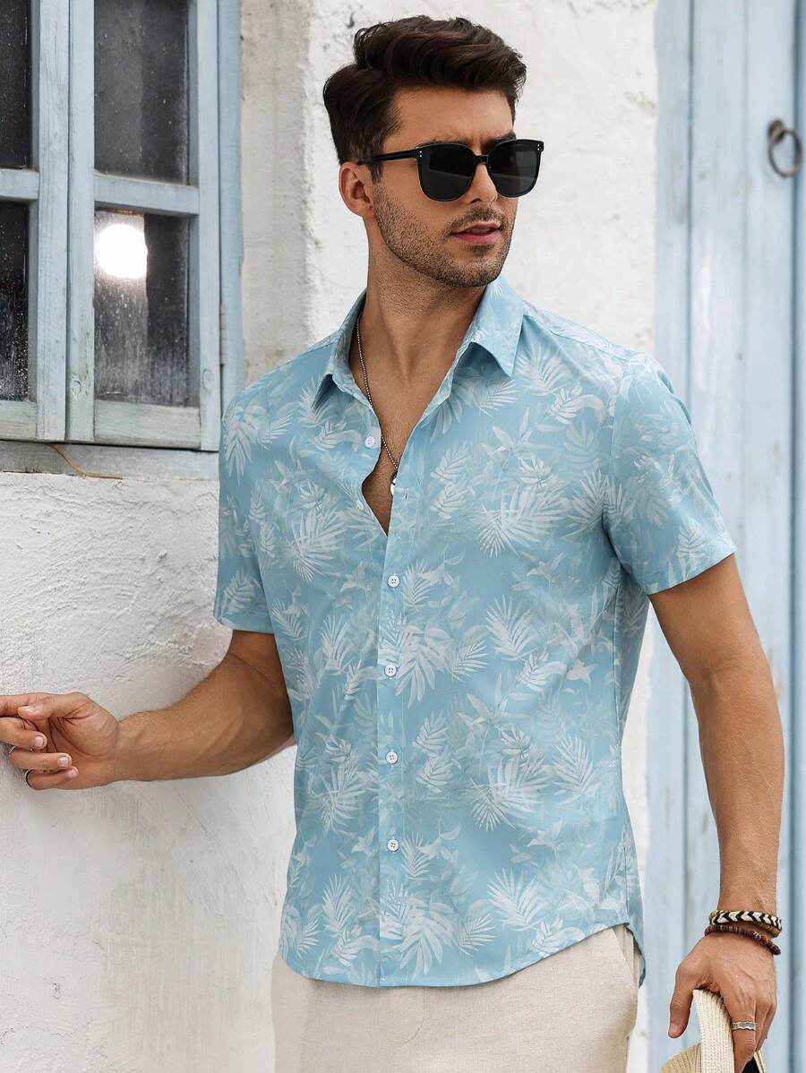 Chemise boutonnée décontractée à manches courtes et col imprimé graphique tropical