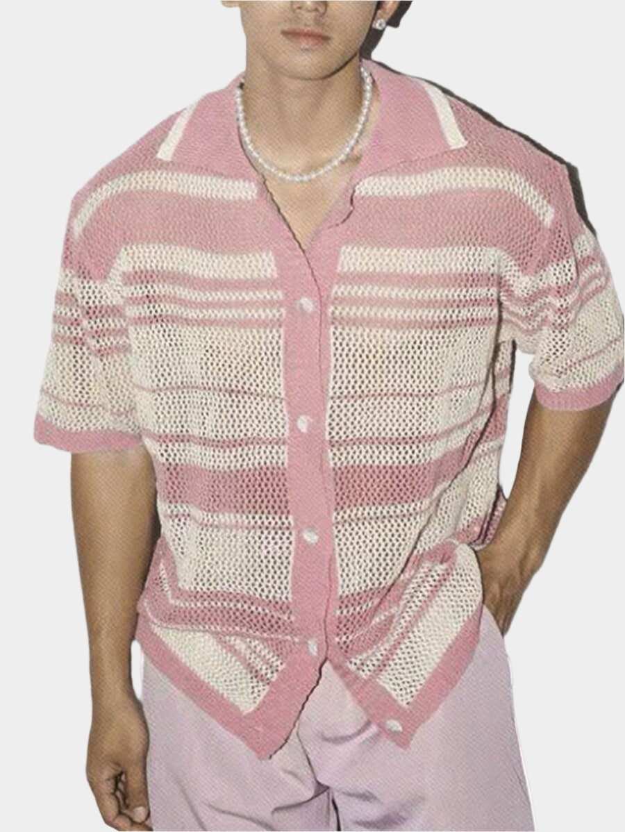 Chemises au crochet à rayures boutonnées pour homme, chemise d'été décontractée