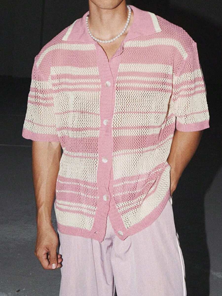 Chemises au crochet à rayures boutonnées pour homme, chemise d'été décontractée