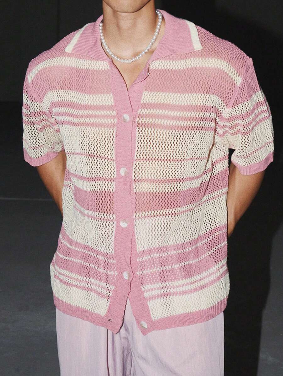 Chemises au crochet à rayures boutonnées pour homme, chemise d'été décontractée