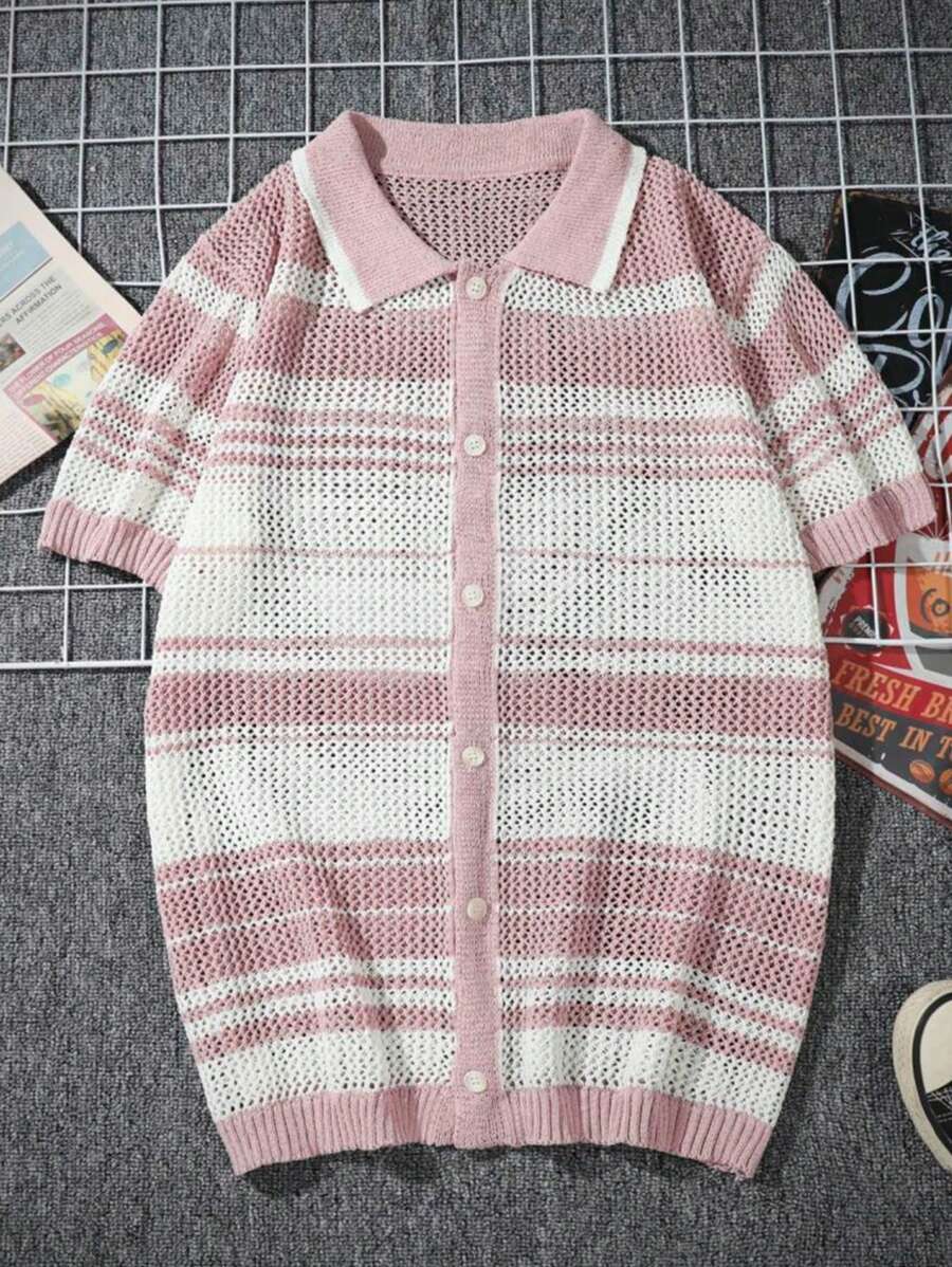 Chemises au crochet à rayures boutonnées pour homme, chemise d'été décontractée