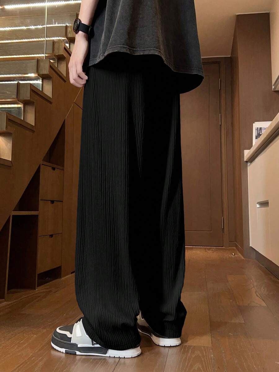Pantalon droit décontracté en tissu froissé de couleur unie pour homme