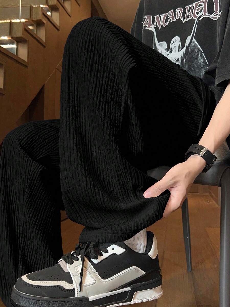 Pantalon droit décontracté en tissu froissé de couleur unie pour homme