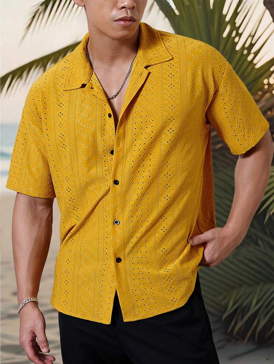 Chemise jacquard texturée au crochet pour homme - Tricot géométrique décontracté