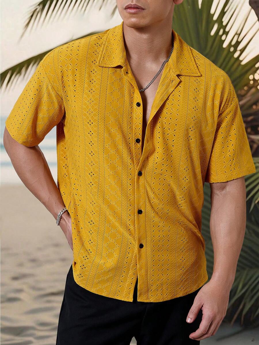 Chemise jacquard texturée au crochet pour homme - Tricot géométrique décontracté