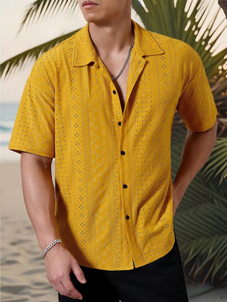 Chemise jacquard texturée au crochet pour homme - Tricot géométrique décontracté