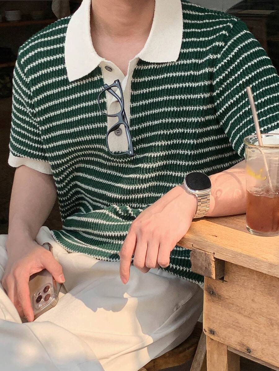 Chemises au crochet polo d'été décontracté en tricot rayé pour hommes