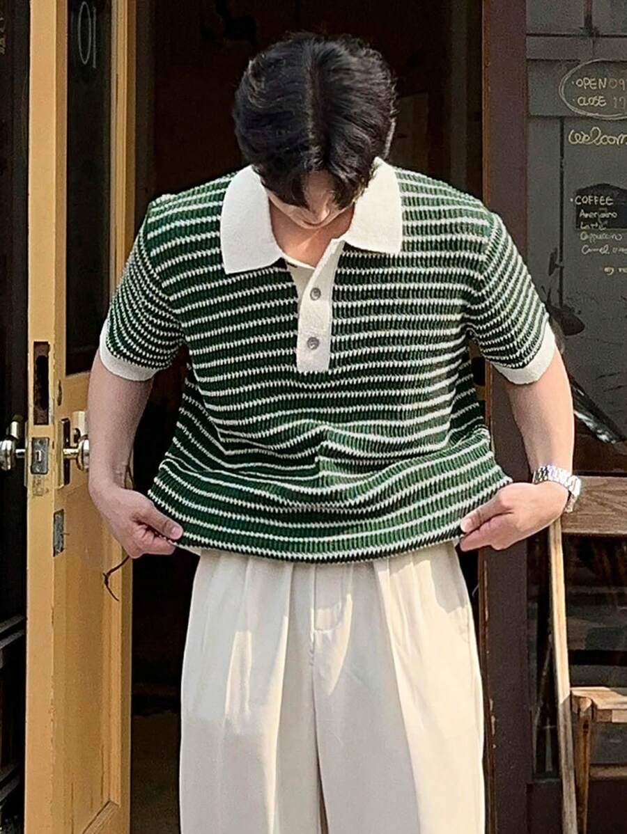 Chemises au crochet polo d'été décontracté en tricot rayé pour hommes