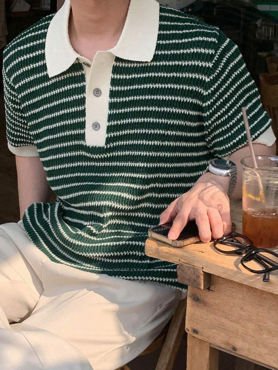 Chemises au crochet polo d'été décontracté en tricot rayé pour hommes