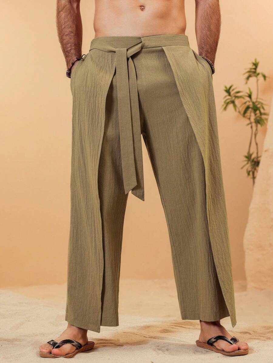 Pantalon large de lin à superpositions avec ceinture pour homme – Coupe ample