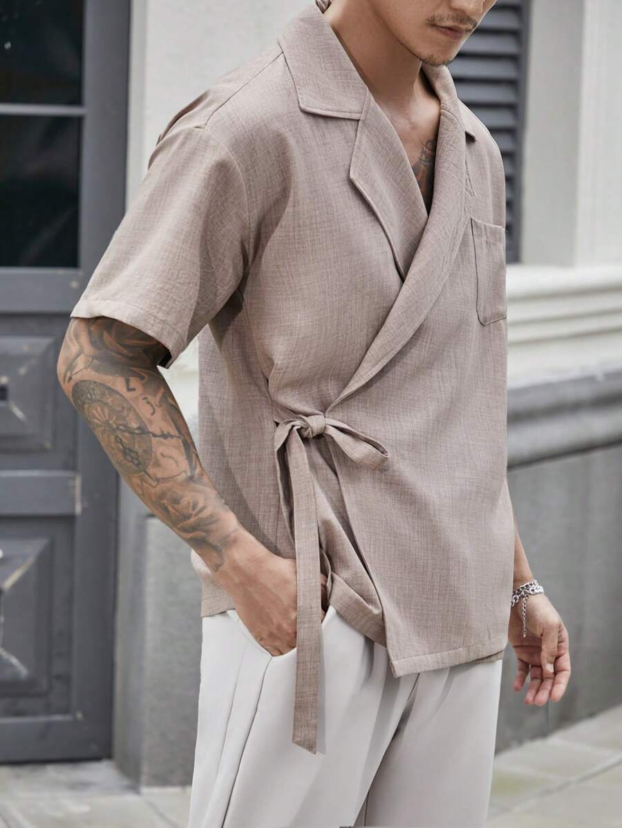 Chemise en lin à taille nouée et poche – Vêtement respirant pour homme