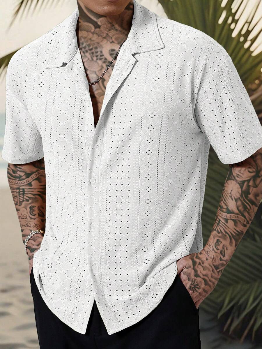 Chemise jacquard texturée au crochet pour homme - Tricot géométrique décontracté