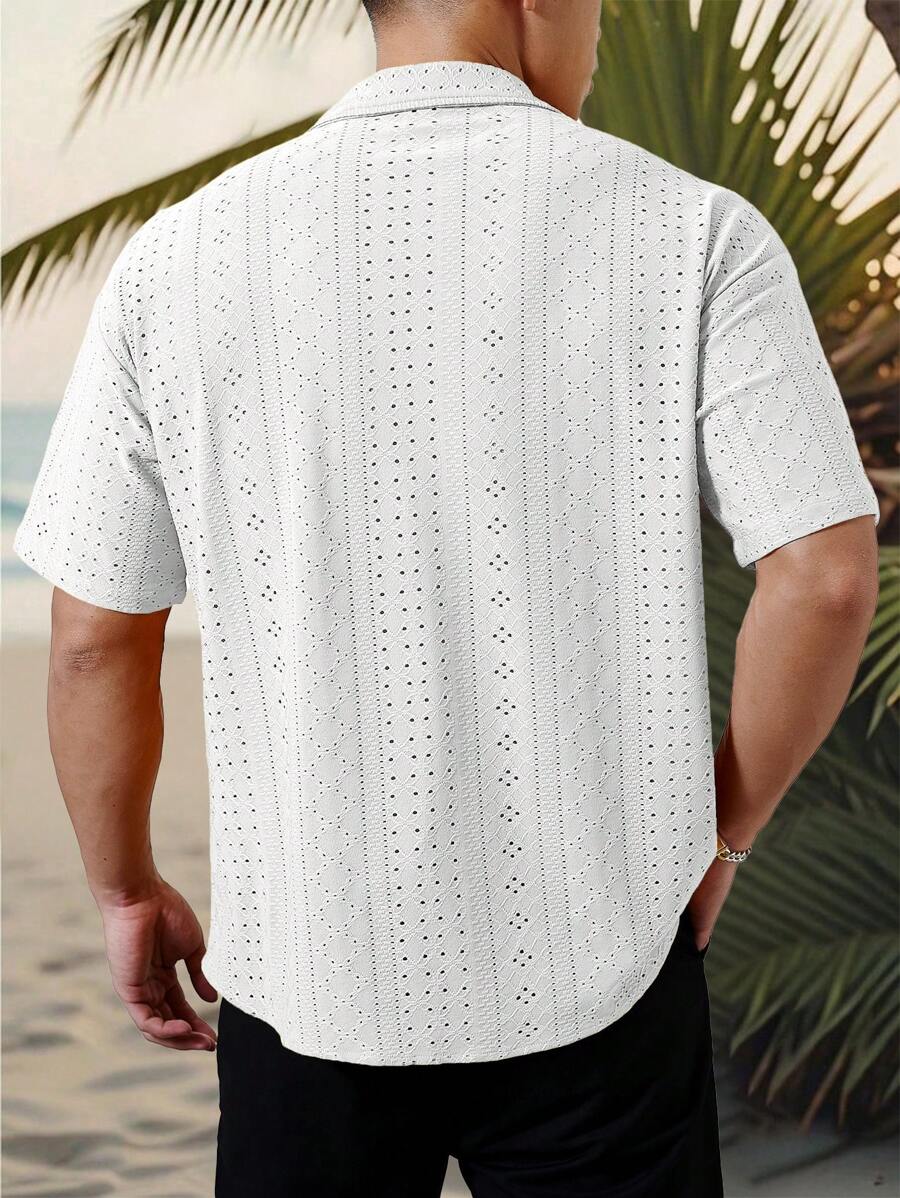 Chemise jacquard texturée au crochet pour homme - Tricot géométrique décontracté