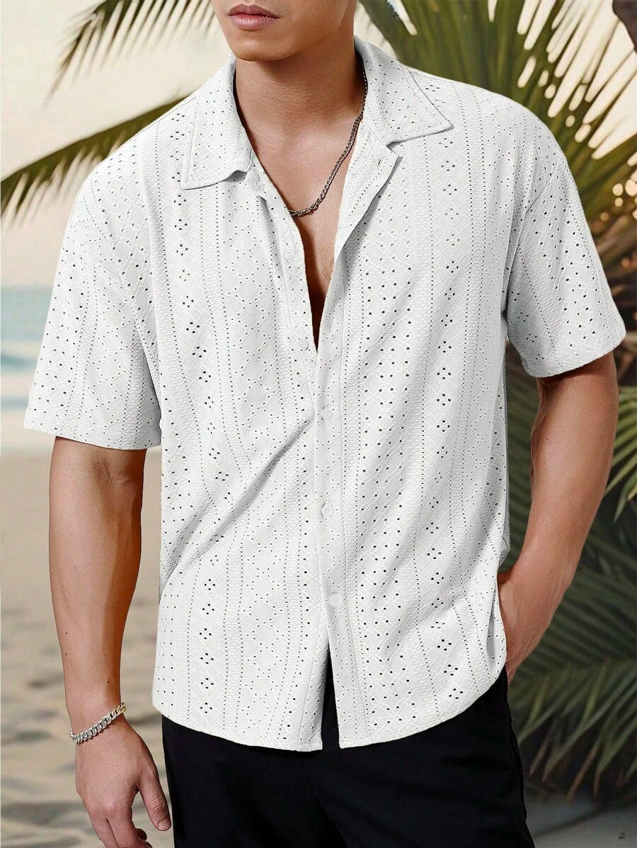 Chemise jacquard texturée au crochet pour homme - Tricot géométrique décontracté