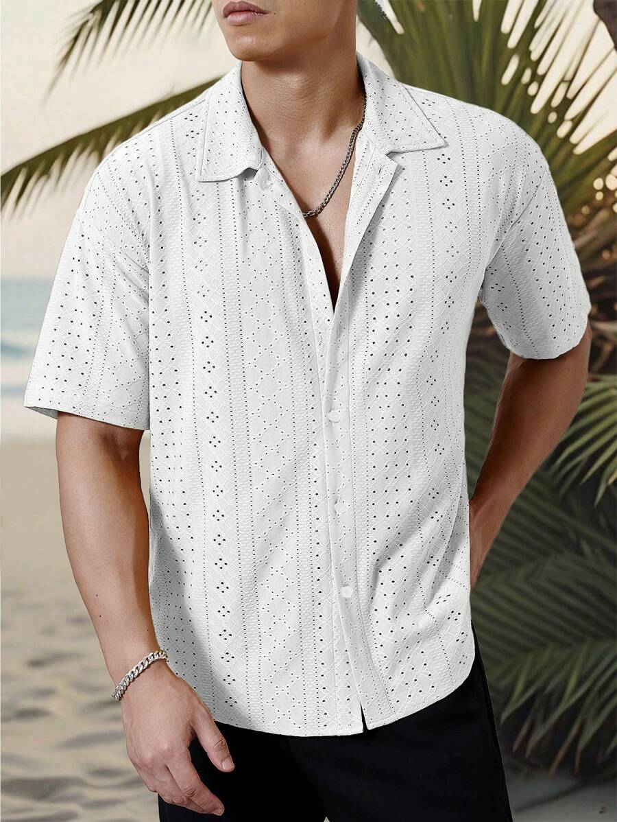 Chemise jacquard texturée au crochet pour homme - Tricot géométrique décontracté