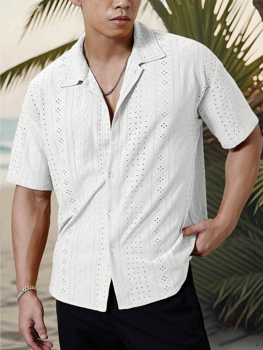 Chemise jacquard texturée au crochet pour homme - Tricot géométrique décontracté