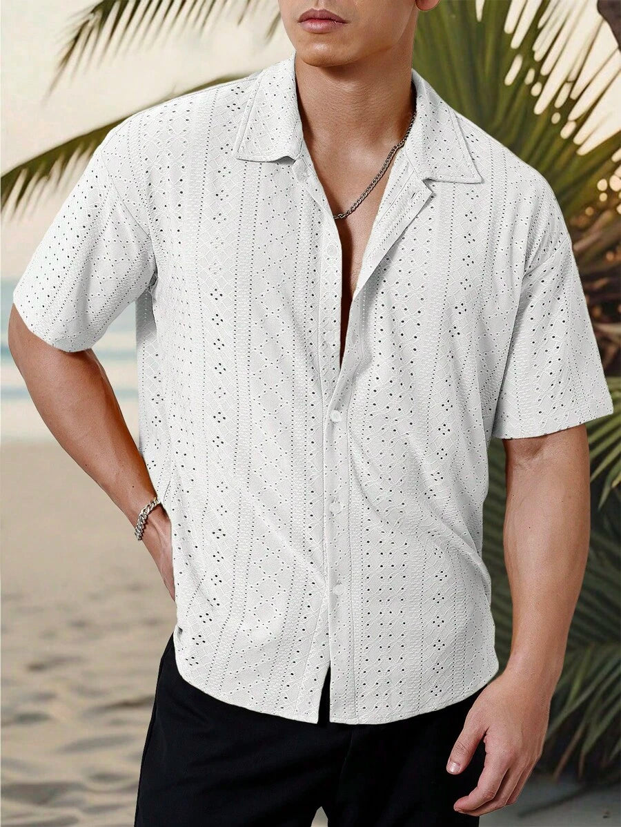 Chemise jacquard texturée au crochet pour homme - Tricot géométrique décontracté