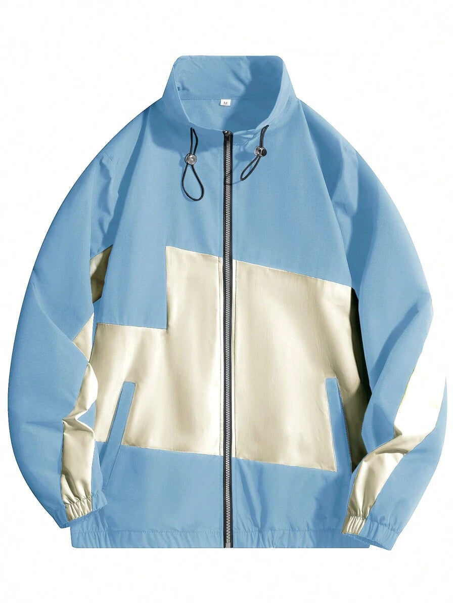 Coupe-vent zippé colorblock avec cordon de serrage et col cheminée