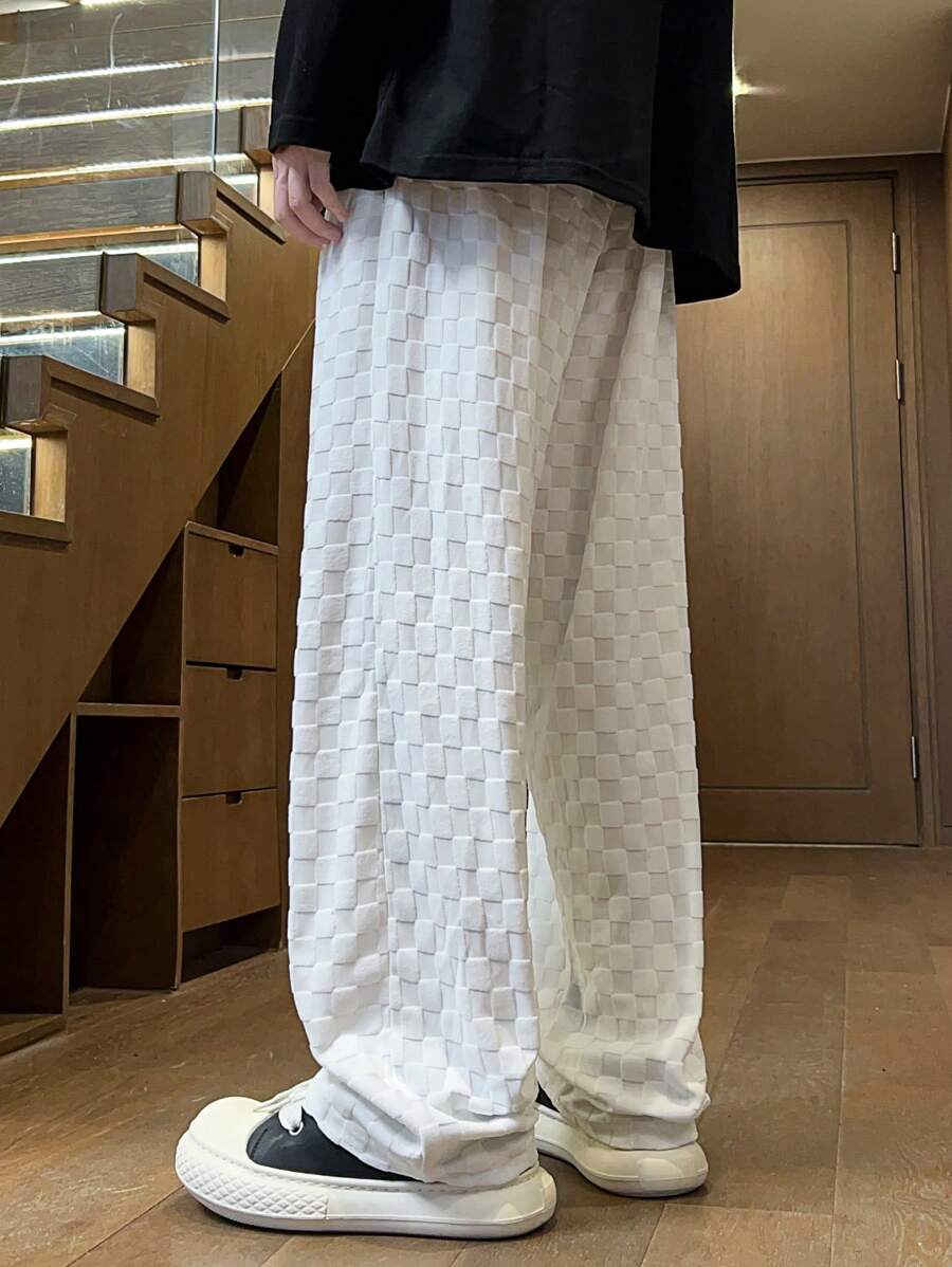Pantalon long et droit décontracté à carreaux 3D pour homme - Printemps ou été