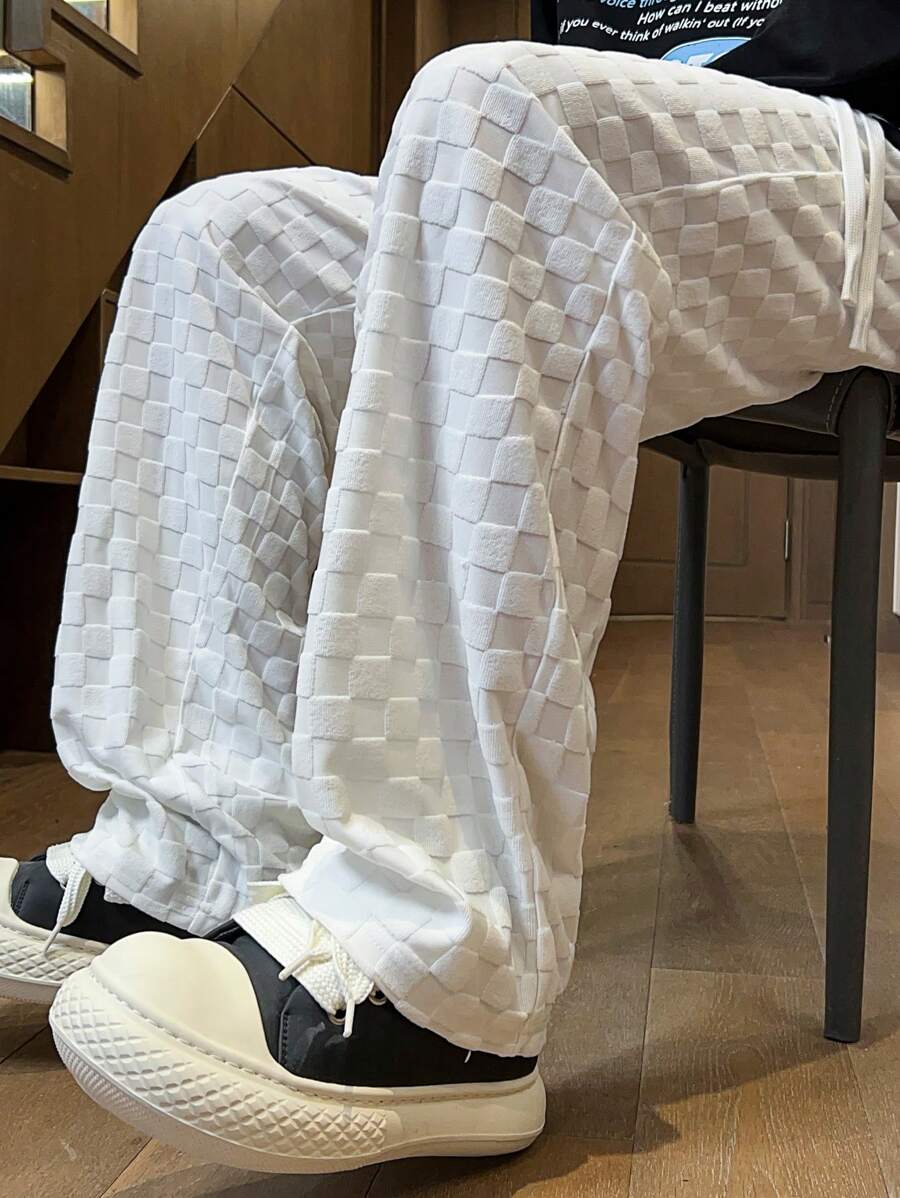Pantalon long et droit décontracté à carreaux 3D pour homme - Printemps ou été