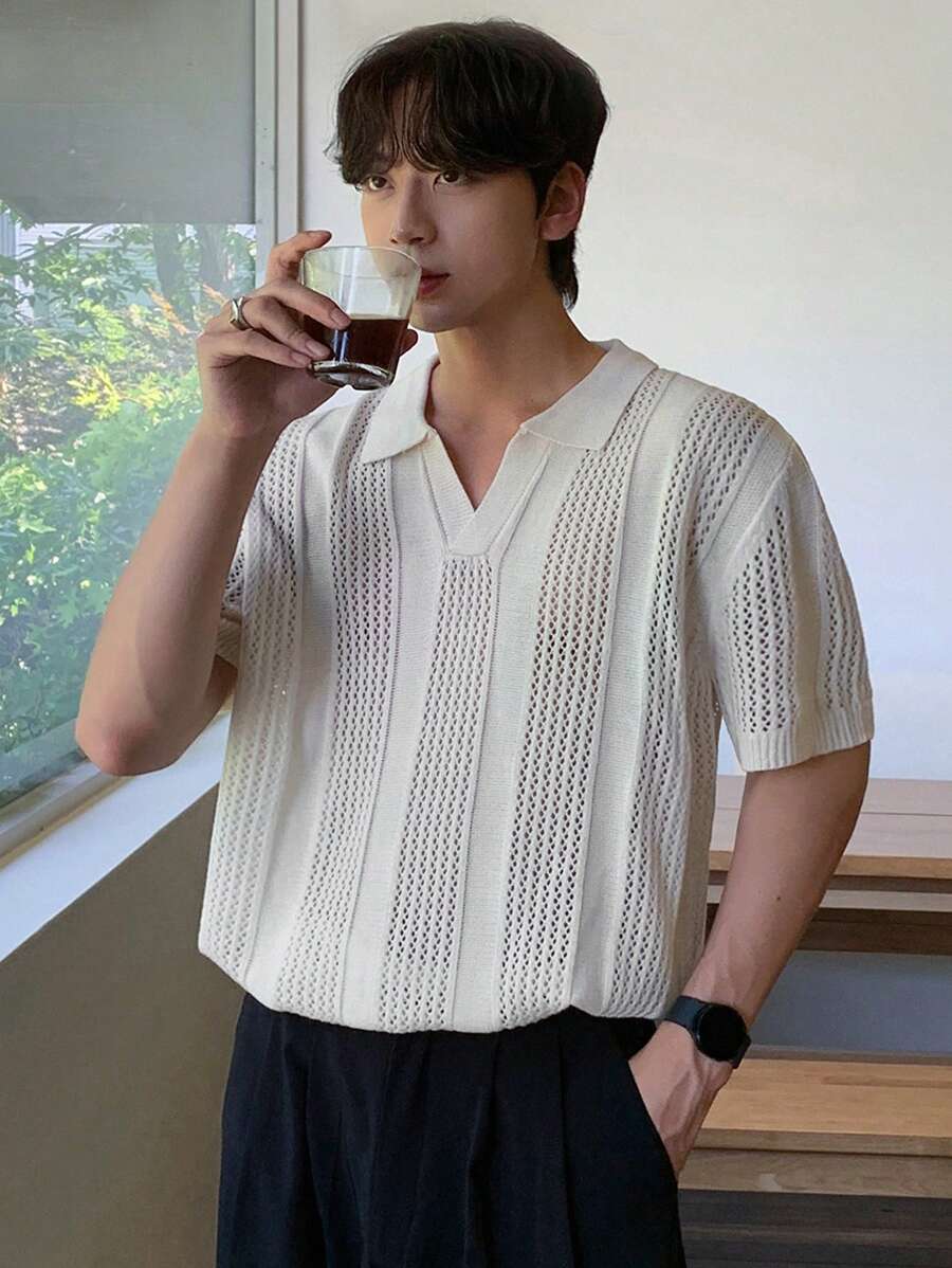 Chemises au crochet homme polo col V tricoté style élégant été