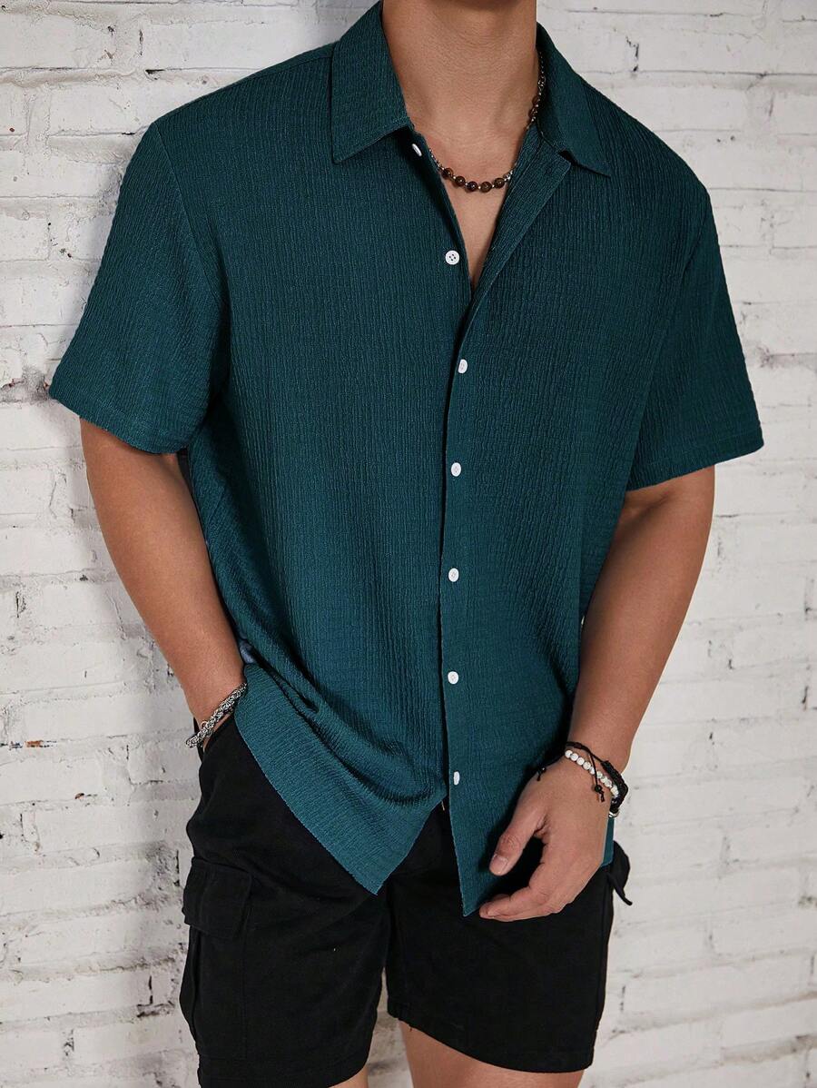 Chemise boutonnée texturée plissée en tricot de style décontracté pour hommes