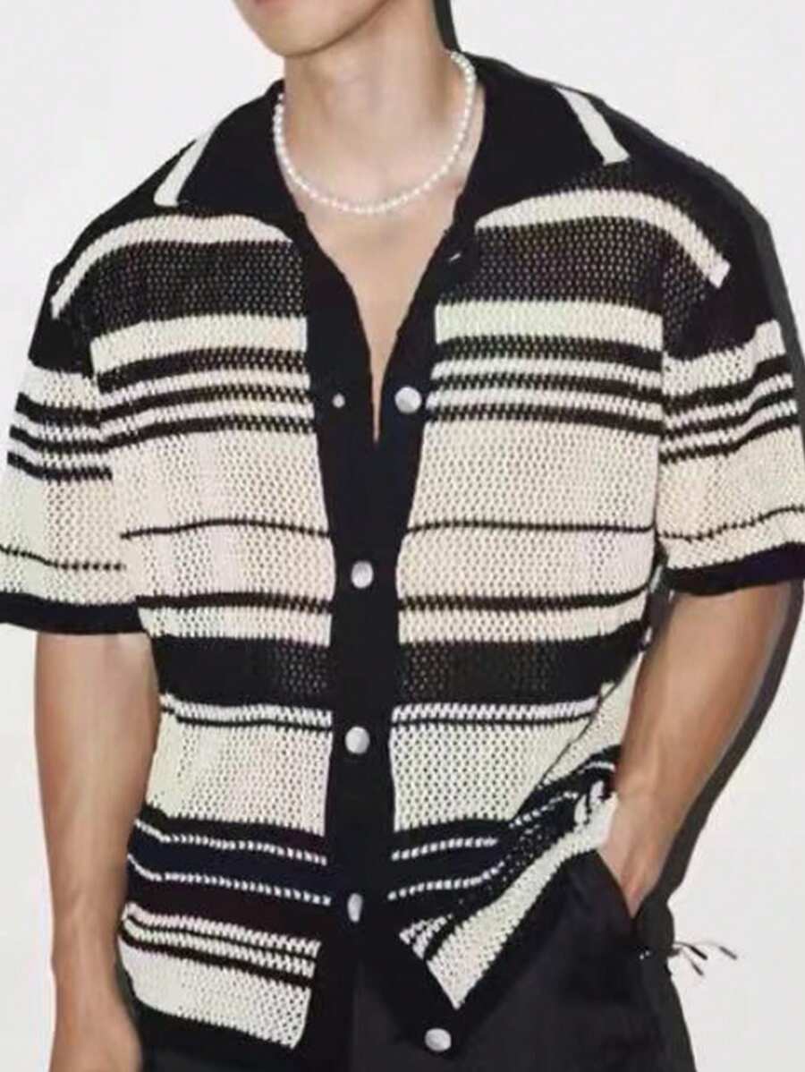 Chemises au crochet à rayures boutonnées pour homme, chemise d'été décontractée