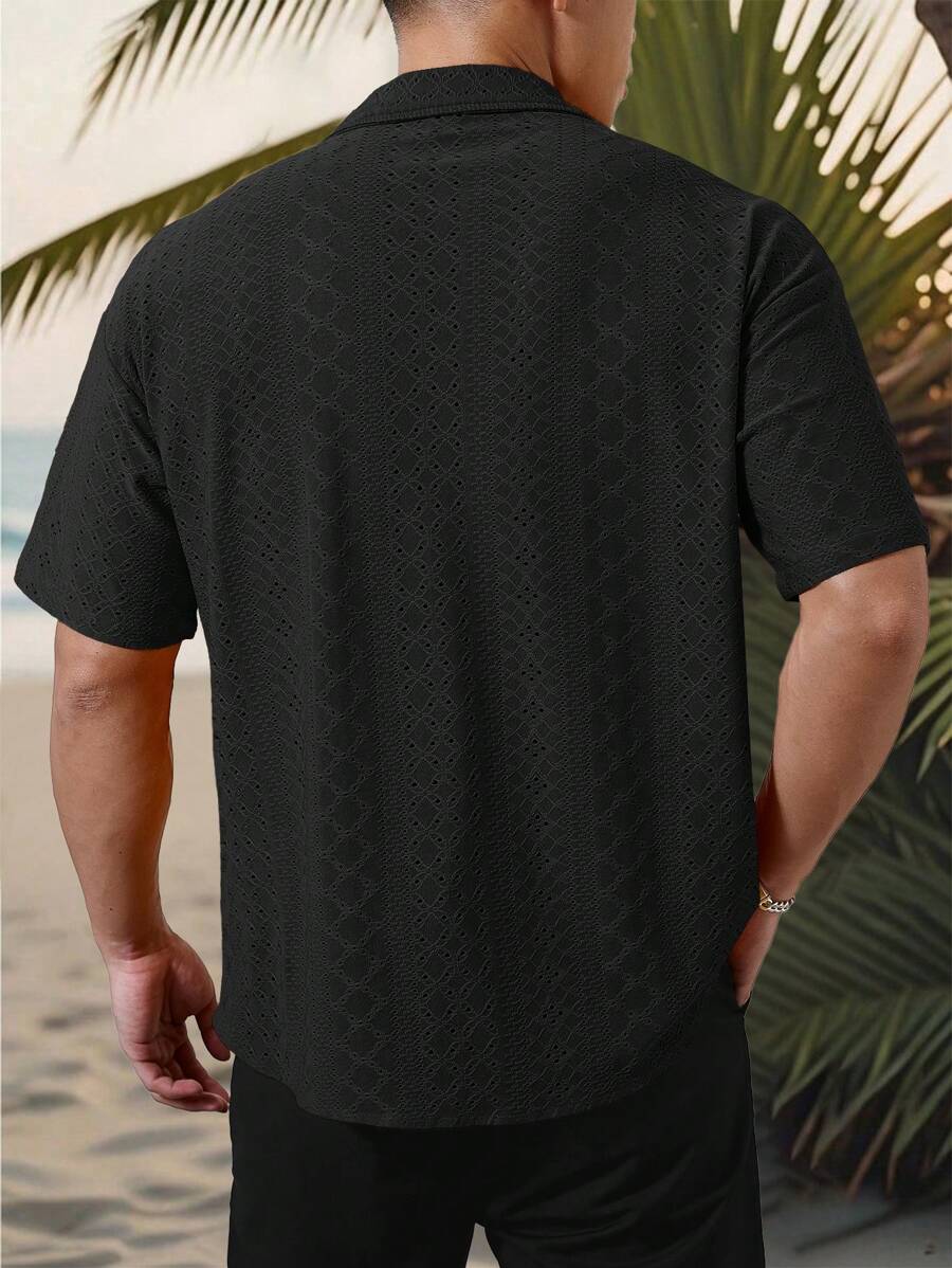 Chemise jacquard texturée au crochet pour homme - Tricot géométrique décontracté