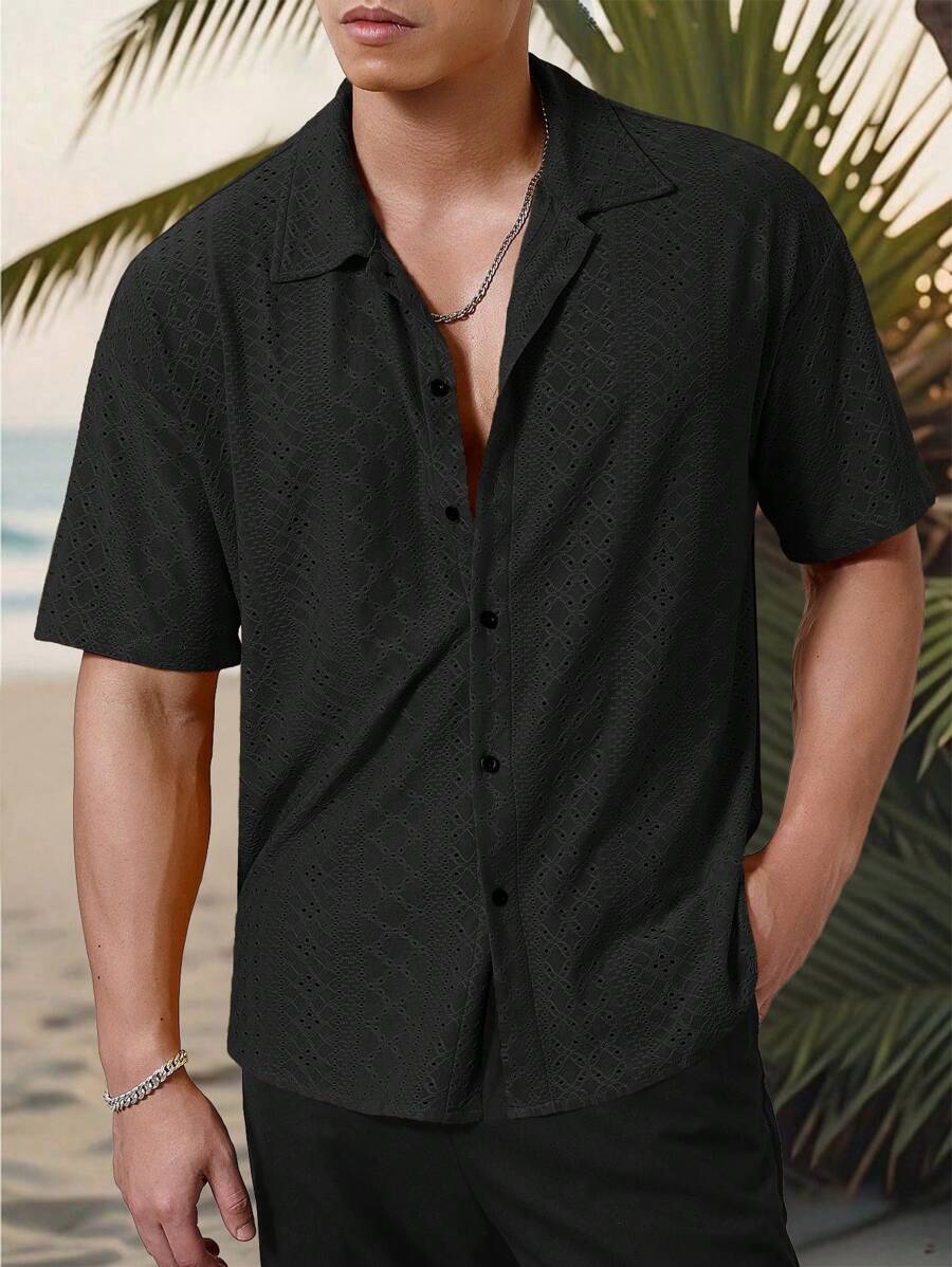 Chemise jacquard texturée au crochet pour homme - Tricot géométrique décontracté