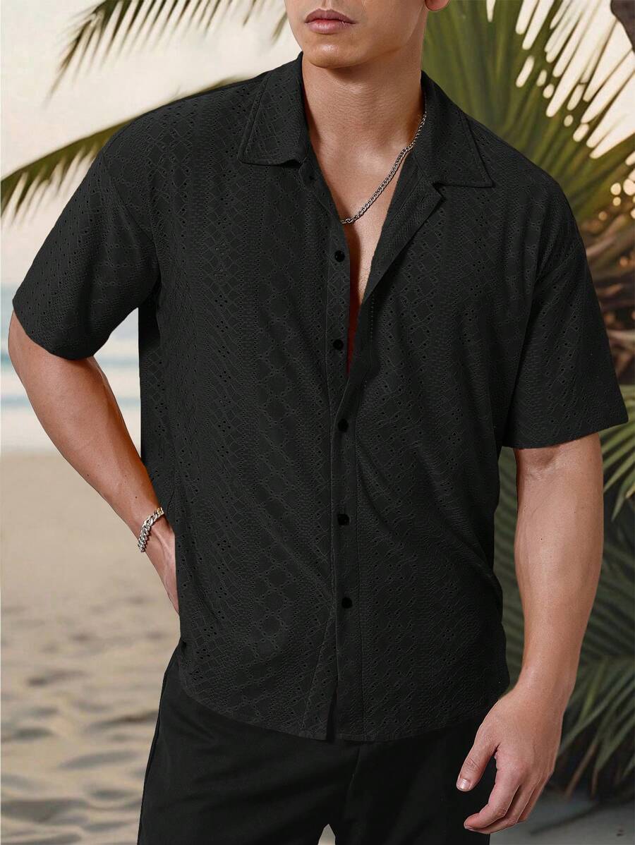 Chemise jacquard texturée au crochet pour homme - Tricot géométrique décontracté
