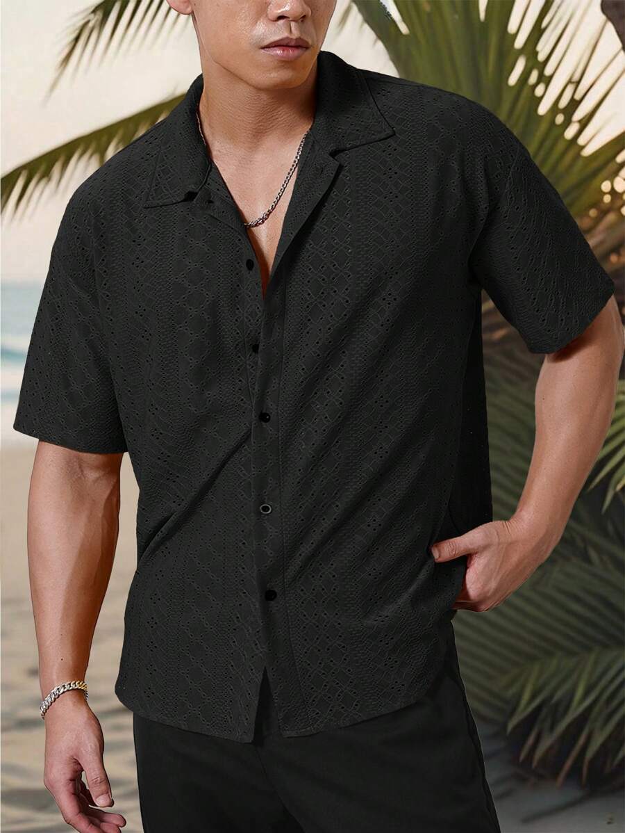 Chemise jacquard texturée au crochet pour homme - Tricot géométrique décontracté