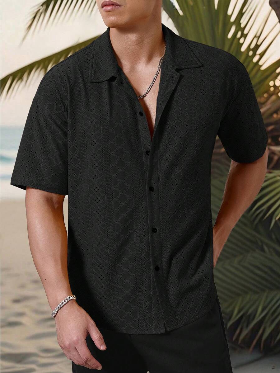 Chemise jacquard texturée au crochet pour homme - Tricot géométrique décontracté