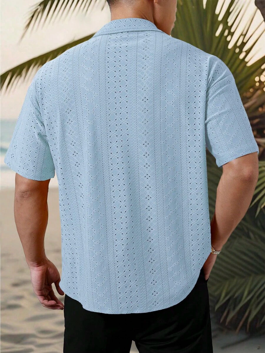 Chemise jacquard texturée au crochet pour homme - Tricot géométrique décontracté
