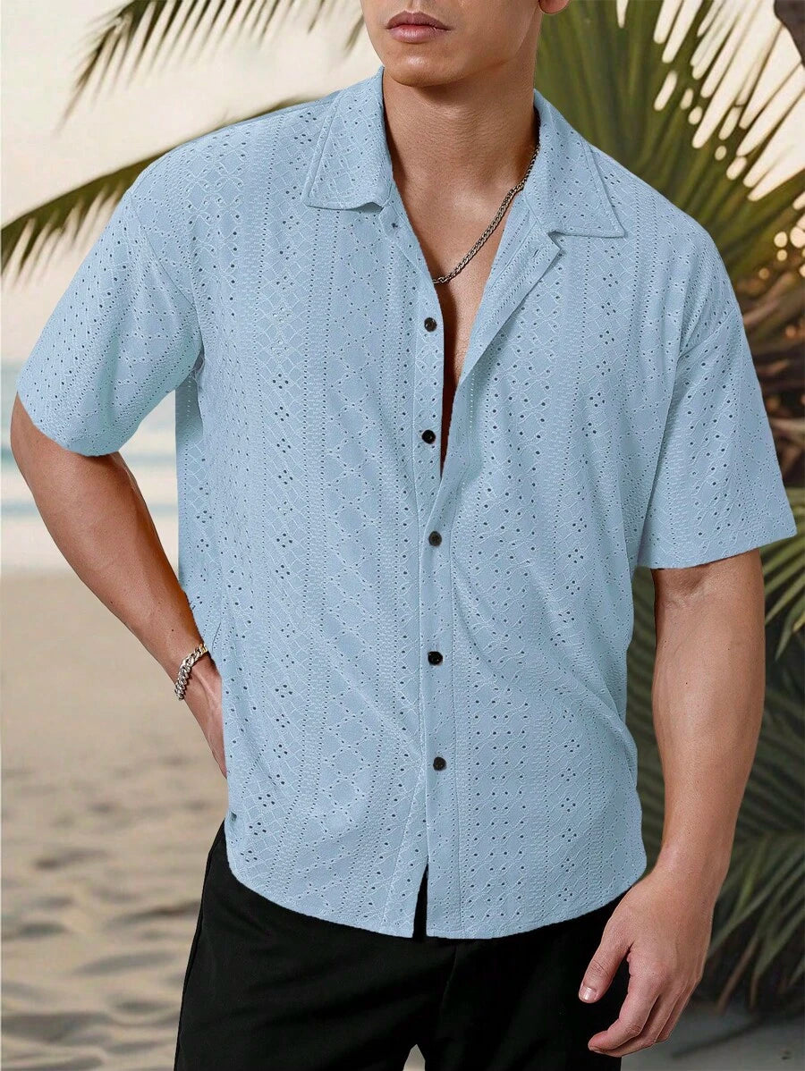 Chemise jacquard texturée au crochet pour homme - Tricot géométrique décontracté