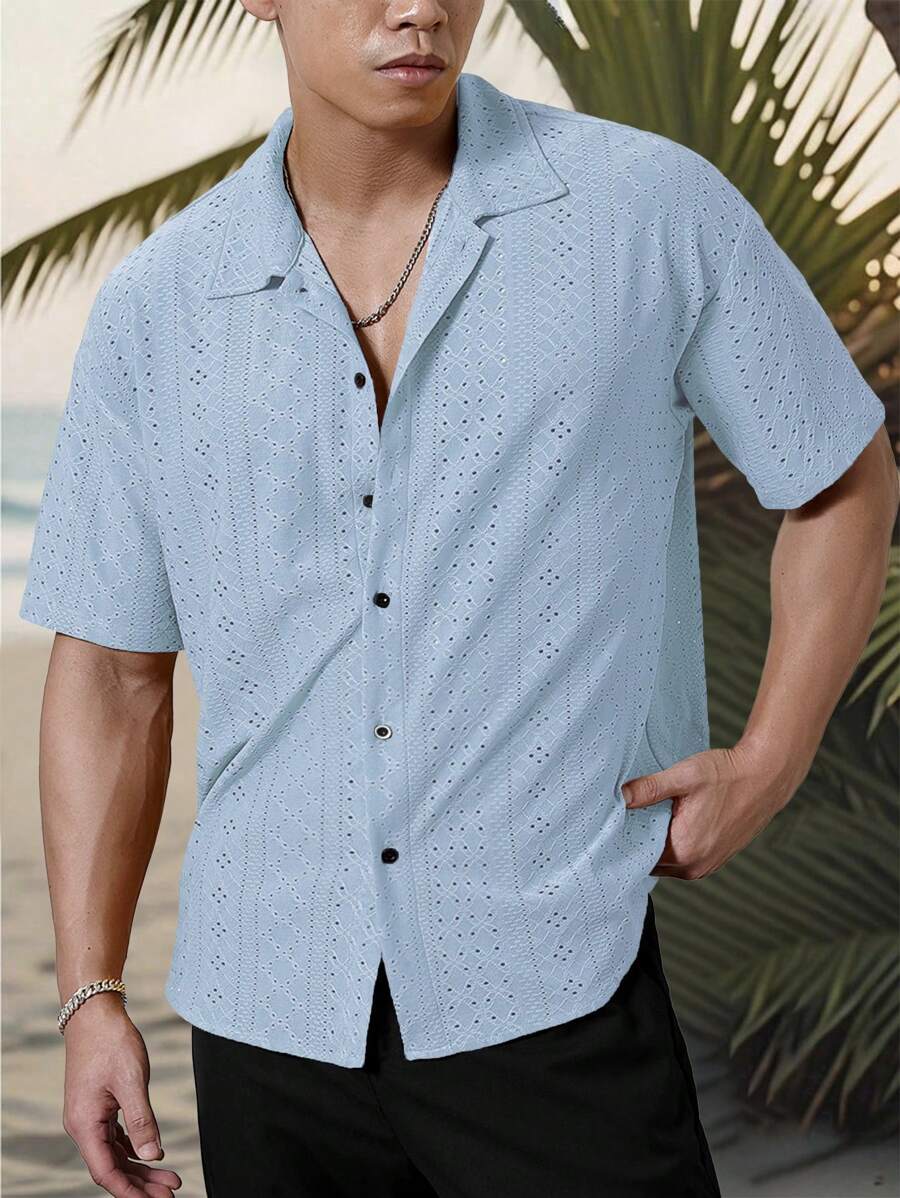 Chemise jacquard texturée au crochet pour homme - Tricot géométrique décontracté