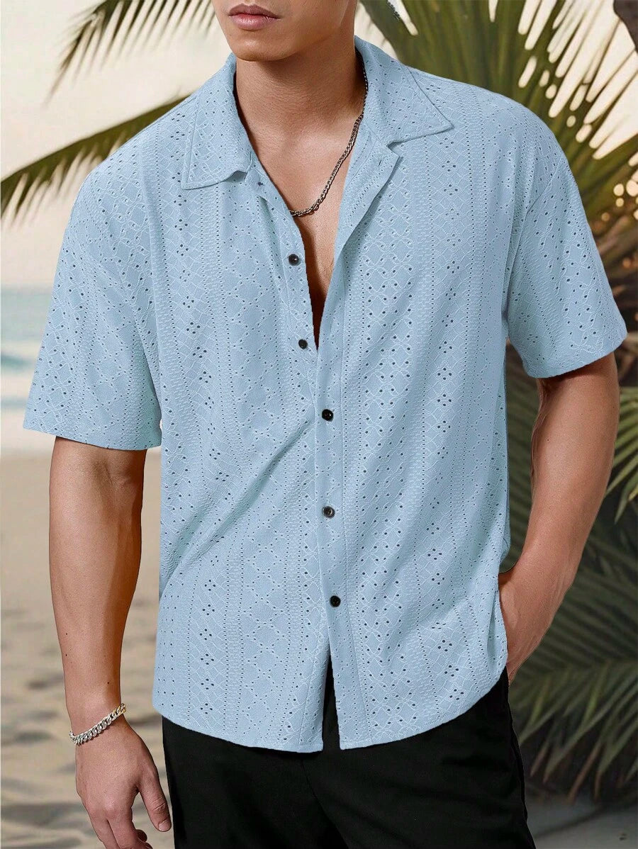 Chemise jacquard texturée au crochet pour homme - Tricot géométrique décontracté