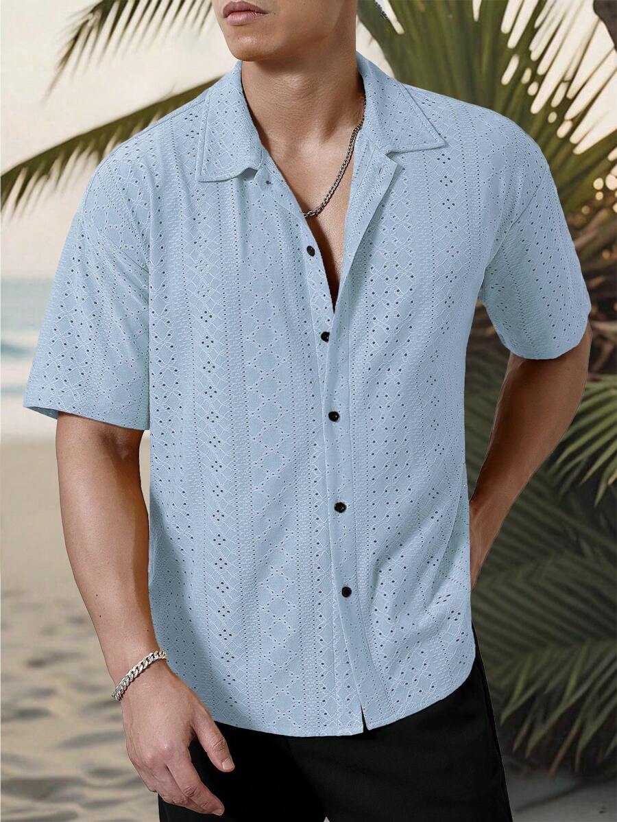 Chemise jacquard texturée au crochet pour homme - Tricot géométrique décontracté