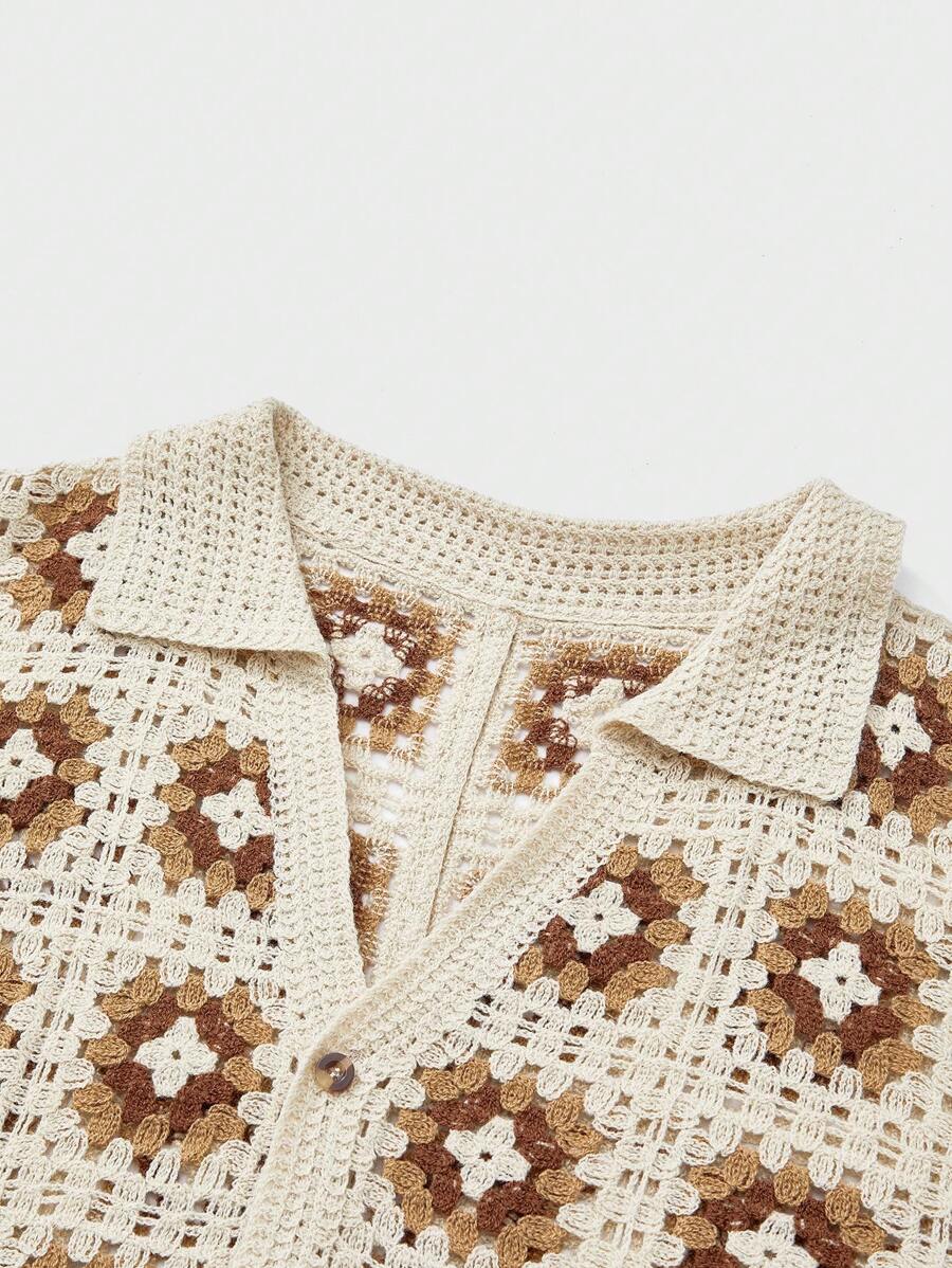 Chemises au crochet tendance homme col cubain été style vintage