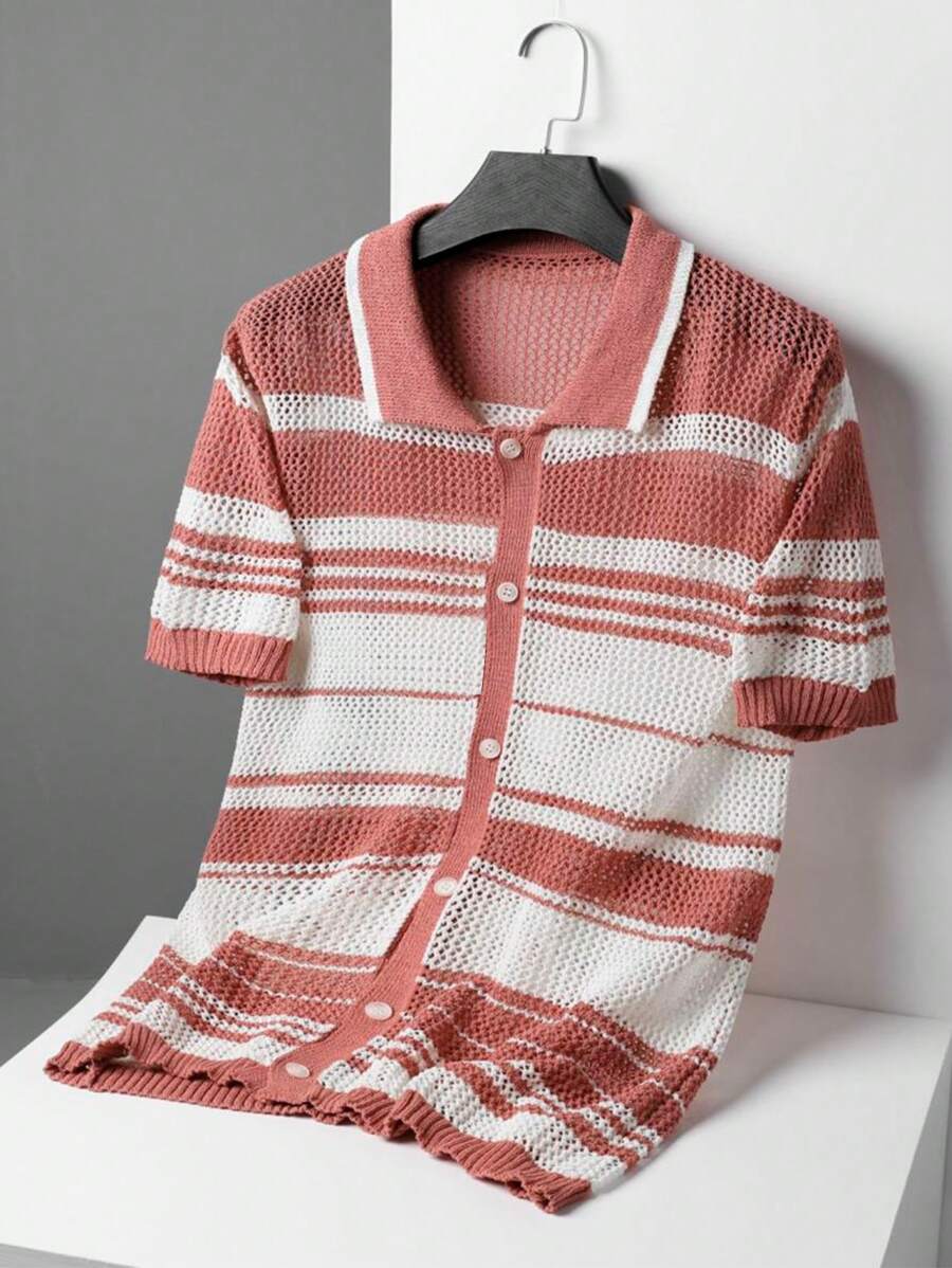 Chemises au crochet à rayures boutonnées pour homme, chemise d'été décontractée