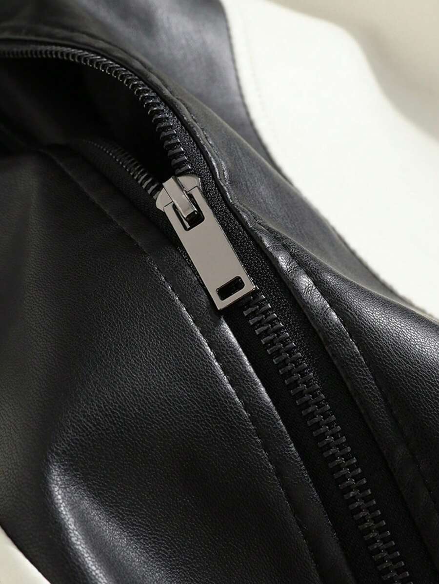 Veste en cuir zippée colorblock - Coupe-vent sport décontracté pour homme