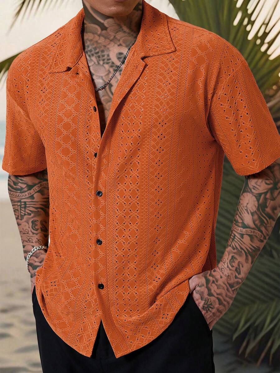 Chemise jacquard texturée au crochet pour homme - Tricot géométrique décontracté