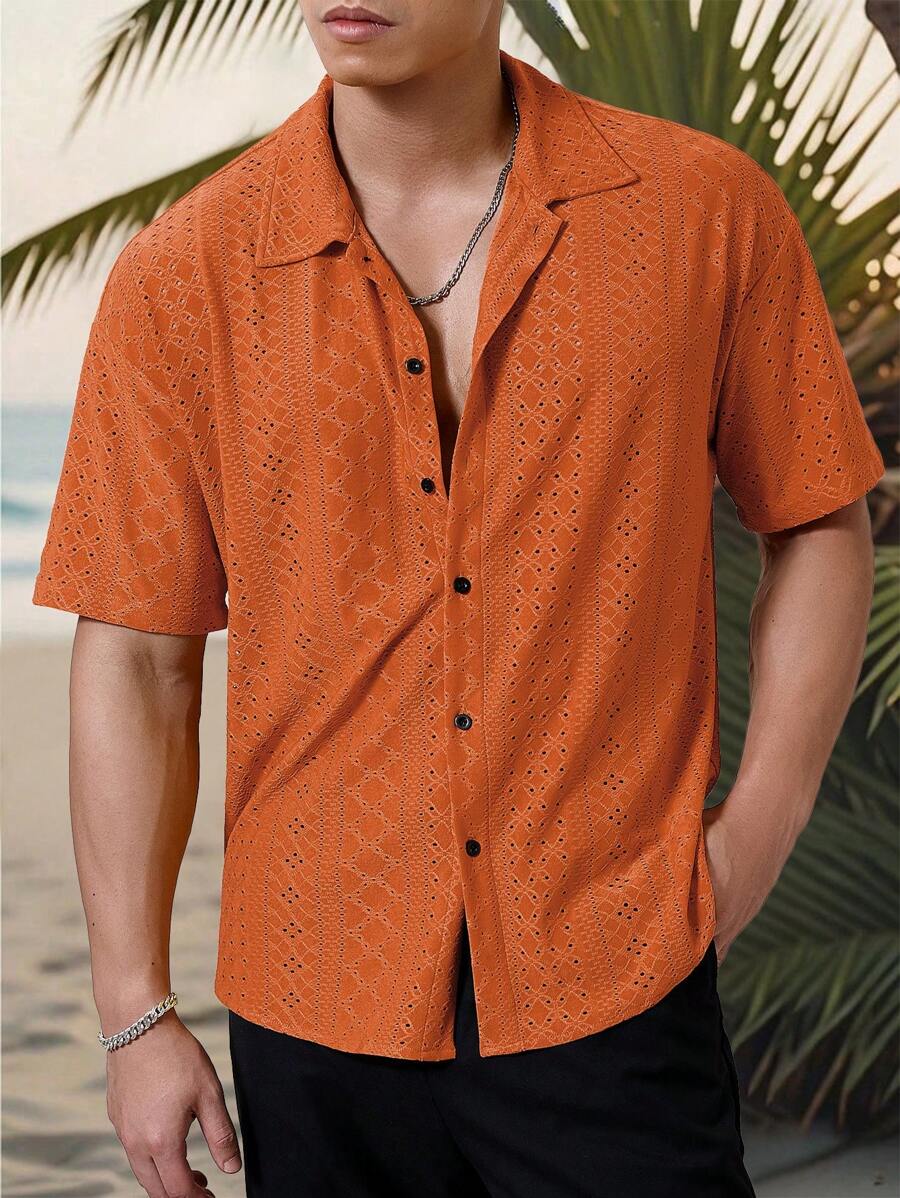 Chemise jacquard texturée au crochet pour homme - Tricot géométrique décontracté