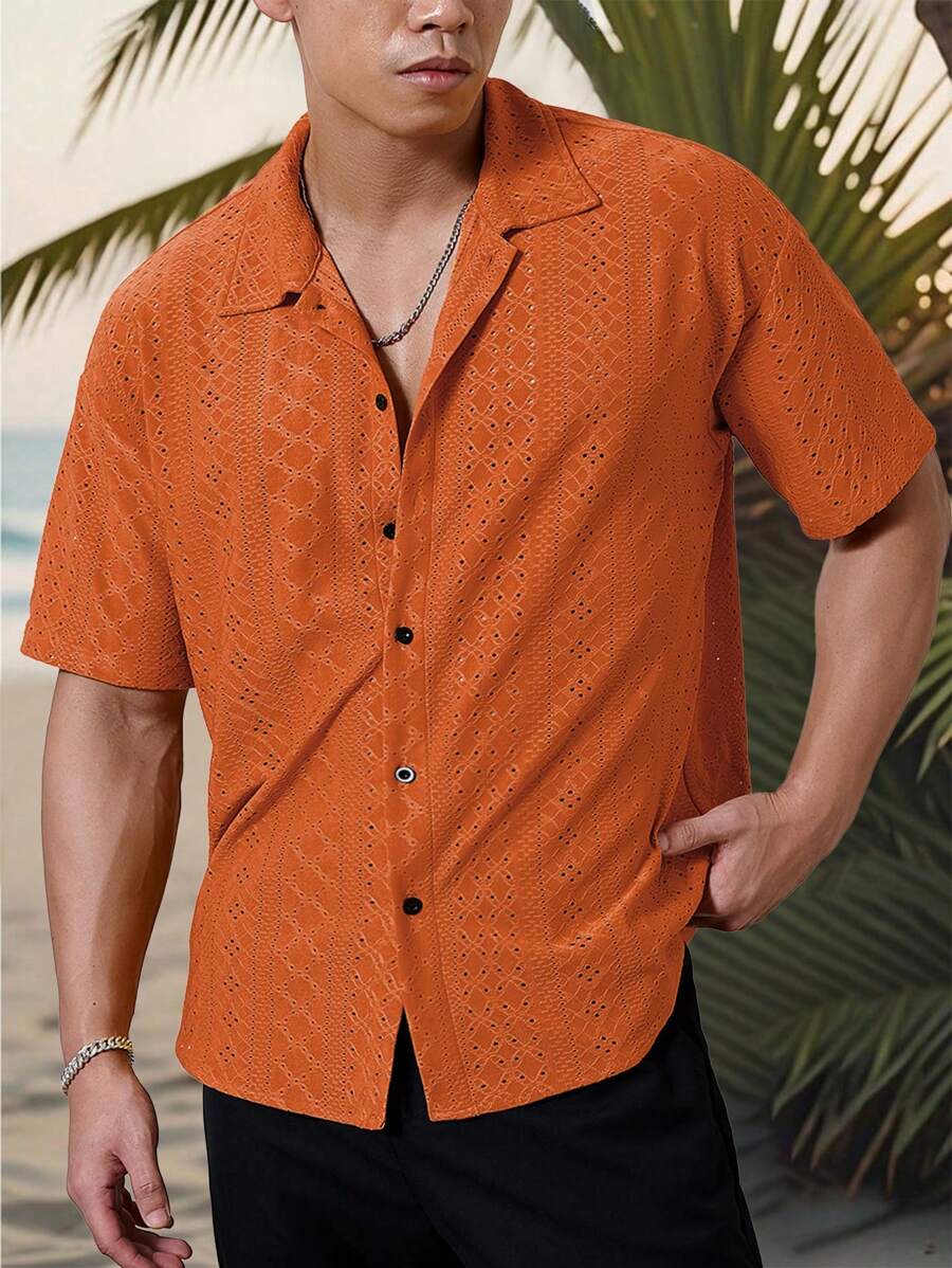 Chemise jacquard texturée au crochet pour homme - Tricot géométrique décontracté