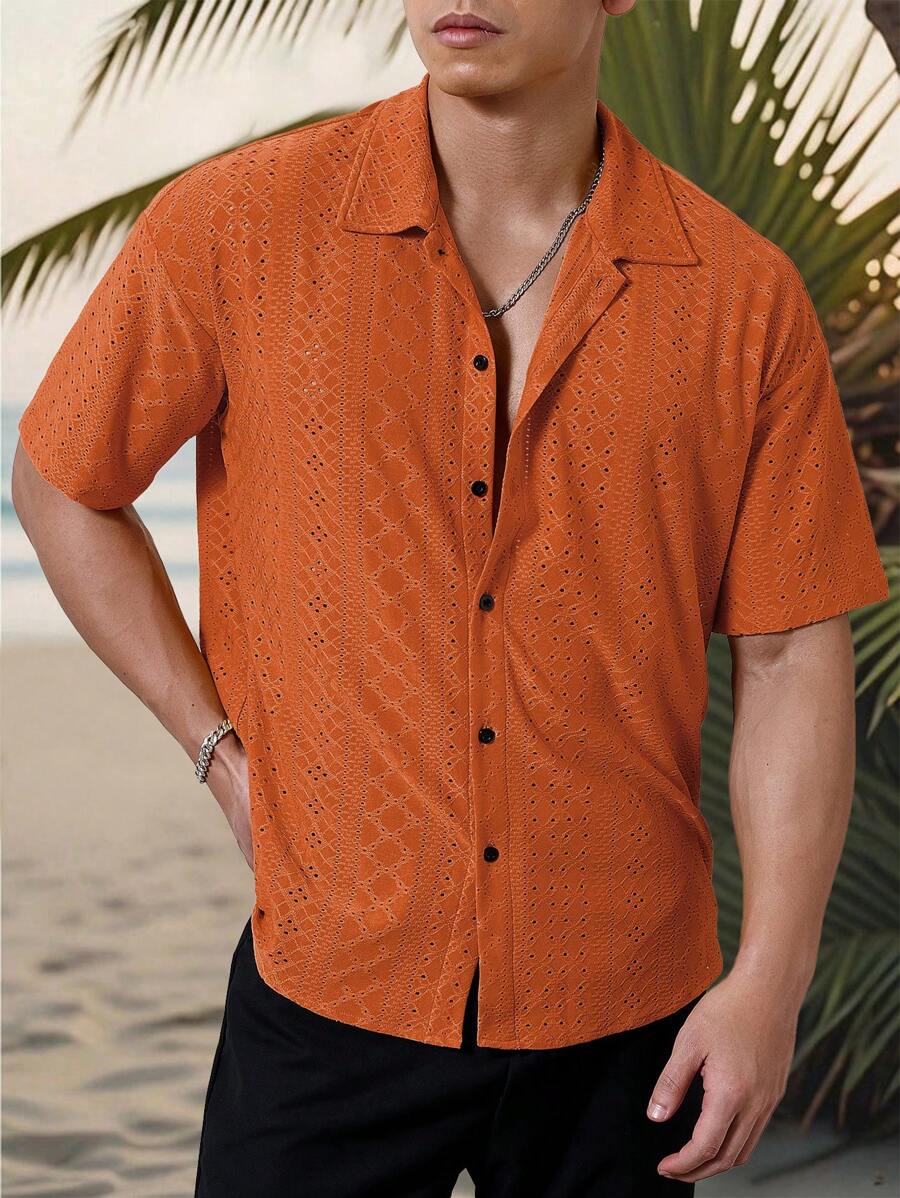 Chemise jacquard texturée au crochet pour homme - Tricot géométrique décontracté